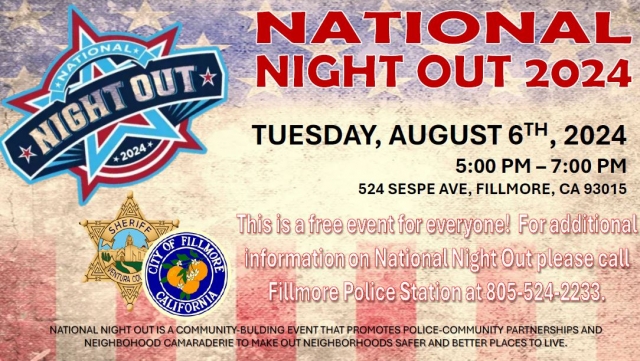 Attention Fillmore Residents! Join us on Tuesday, August 6th, 2024, from 5:00pm - 7:00pm at 524 Sespe Ave., for a fantastic evening at the National Night Out event! This special event is all about fostering police-community partnerships and building strong neighborhood camaraderie to make Fillmore an even safer and better place to live. Fillmore. Let’s come together to celebrate our wonderful community and strengthen the bonds that make Fillmore so unique. #FillmoreNationalNightOut#PoliceCommunityPartnership. The above photo is from last year’s National Night Out event. Courtesy https://www.facebook.com/cityoffillmore and https://www.facebook.com/photo/?fbid=869024581924782&set=a.225313742962539.