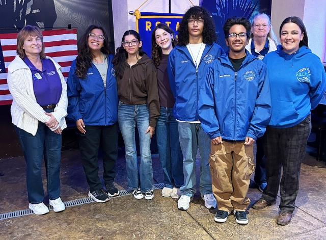 At last week’s Fillmore Rotary Club meeting Hannah Faith, the swim coach at FHS, talked about the swim team. Students in all four grades make up the team and are grouped by which of the four strokes they are best in. There are 22 students on the team and 8 of them are boys this year. Team members who attended Rotary are Kiki Toyooka, Babi Ortega, Ruby Bronsten, Emiliano Castanon, and Jesse Cavazos, as well as Coach Hannah Faith and Cindy Blatt. Photo credit Martha Richardson.