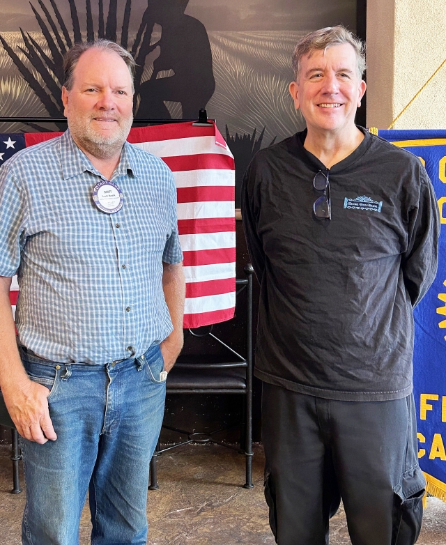 At last week’s Fillmore Rotary Club meeting Rotarian Sean McCulley presented the program. He is the owner of the Fillmore Town Theatre. Sean has been working to repair old plumbing, water damage, and rework the lobby and marquee. People asked about the color purple and he said it was to attract attention. Not only does he show movies, but has comedians as well as music and plays. He hopes people will come and enjoy the “new” theatre. The problem he is having is not enough visitors to pay for the license to rent each movie, electricity, etc. Come in to enjoy our theatre and relive some of the fond memories from your childhood. Photo credit Martha Richardson.