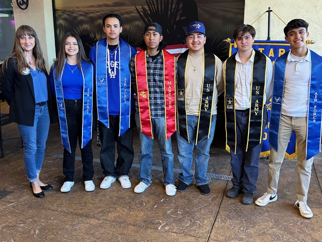 At last week’s Fillmore Rotary meeting Rotarian Kelli Couse introduced six Fillmore High School students who will join the military following graduation. She presented military sashes to Destiny Tellez-Air Force, Brandon Castillo-Air Force, James Torres-Marines, Alonso Estrada-Army Reserve, Ian Nunez-Army and Nick Enriquez-Air Force. The students’ parents, grandparents and siblings were there for this special day. Photo credit Martha Richardson.