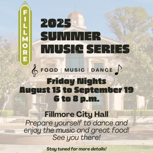 The Fillmore Summer Music Series is back! Join us every Friday from August 15th to September 19th, 6:00 P.M. – 8:00 P.M. at City Hall Plaza for an evening of live music, delicious food, and great community vibes! Stay tuned to our website for the full artist lineup and event details. You won’t want to miss it! Courtesy https://www.facebook.com/cityoffillmore.