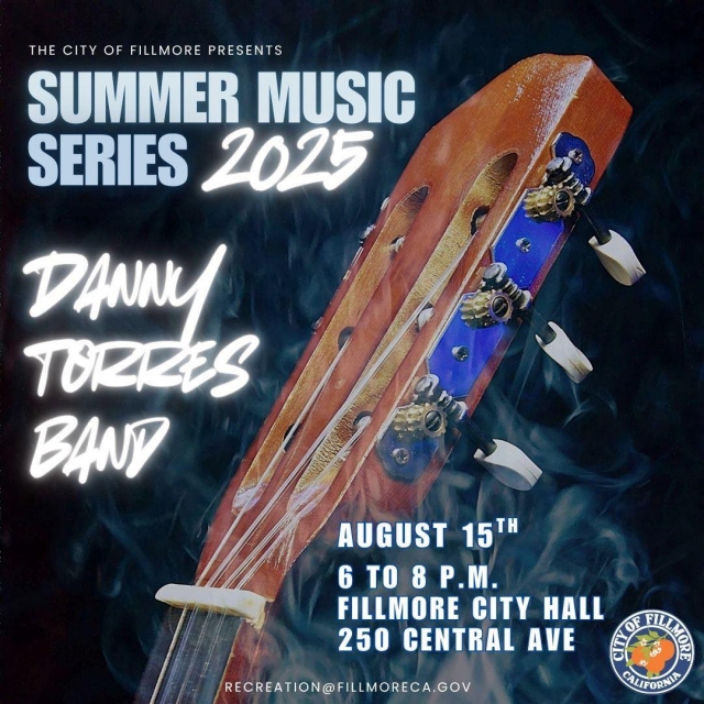 Join us for the first concert of the season on Friday, August 15th, from 6–8 PM at City Hall Plaza, featuring the amazing Danny Torres Band. Come hungry! Enjoy delicious bites from J_K Catering, Jimbo’s Funnel Cakes, and cool treats from Mister Softee. Bring your chairs, blankets, friends, and family for a night of great music, tasty food, and summer vibes under the Fillmore sky. Special thanks to our sponsors: Fillmore Women’s Service Club, Rotary Club of Fillmore, and Planet Fitness for making this event possible! Posted August 8, 2025, courtesy https://www.facebook.com/cityoffillmore.