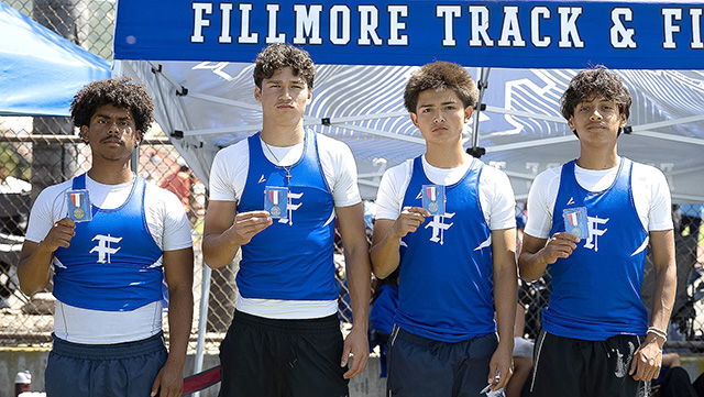 On Saturday, April 18, the Fillmore Varsity Boys 4 X 100-meter relay, finished second in a season best time of 43.54 at the Russell Cup. This team broke their own school record and they were medal winners. Pictured (l-r): Jasiah Patterson, Saul Fraga Sandoval, Josh Felix, and Nathan Hernandez. Photo courtesy Coach Anthony Chavez.