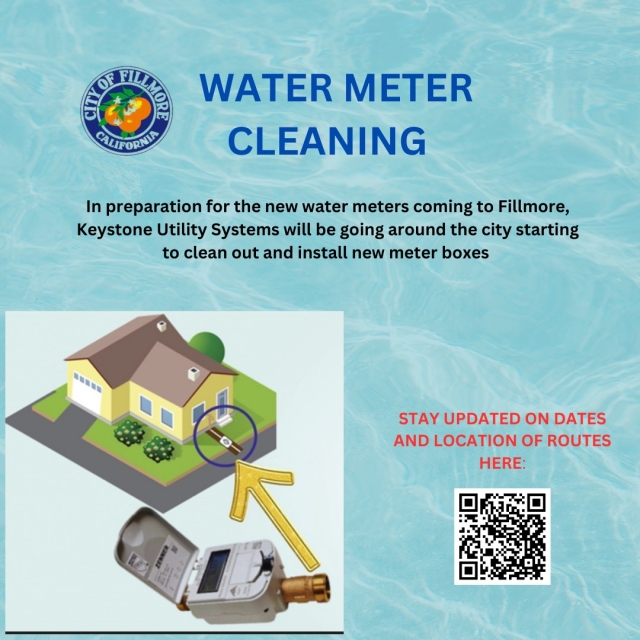 Attention Fillmore Residents! As the new water meter project unfolds, we have created this new landing page to keep you updated. Thank you for your cooperation in keeping Fillmoreâs water system running smoothly! Scan QR Code for more details. Posted July 24, 2024, courtesy https://www.facebook.com/photo/?fbid=872117214948852&set=pb.100064517449611.-2207520000.