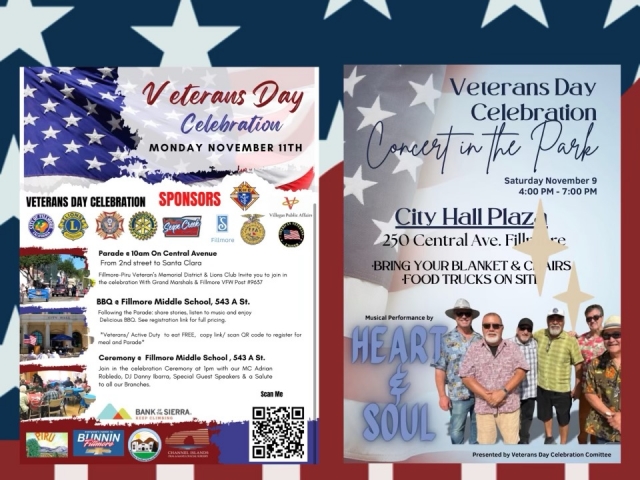 Don’t miss Fillmore’s Veterans Day Celebration and Parade. The Veterans Day Celebration Concert in the park is Saturday, November 9, from 4pm to 7pm in front of Fillmore’s City Hall. Don’t forget your chairs! Fillmore’s Veteran’s Day Parade will be Monday, November 11, at 10am on Central Avenue, from 2nd Street to Santa Clara Street. Presented by Veterans Day Celebration Committee and sponsors. See page 2 for more details.
