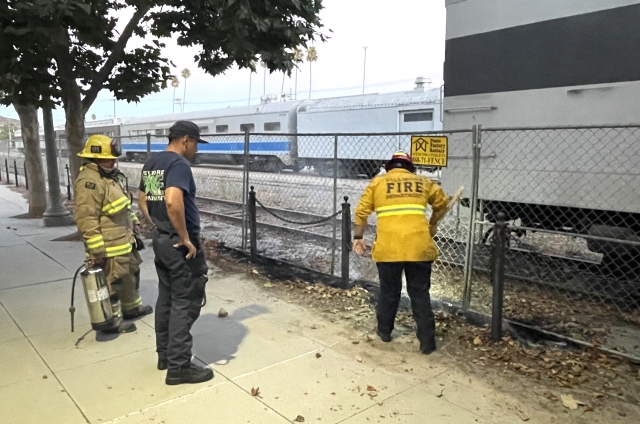On Sunday, August 18th, at approximately 7:40 p.m., Fillmore Fire Department responded to a suspicious fire on the bike path near the Fillmore Historical Museum, 300 block east Main Street. Upon arrival, firefighters discovered a pile of trash on fire on the pavement, as well as a small fire of burning leaves along the bike path and train tracks. Cause of the fire is under investigation. Photo credit Angel Esquivel.