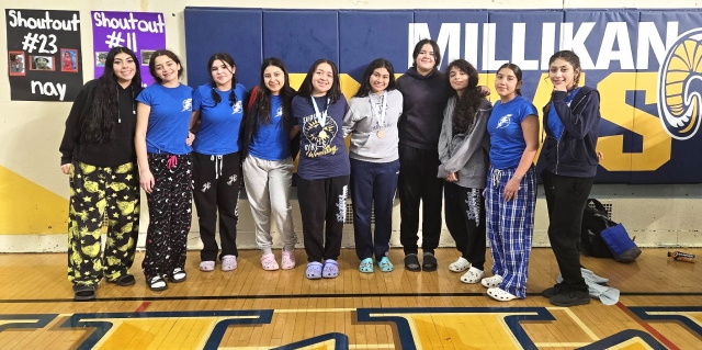 On Saturday, December 21, 2024, Fillmore Girls Wrestling competed in the Millikan High Tournament. Pictured are the girls who competed Skyla Sandoval, Jasmine Contreras, Michelle Pinedo, Jacqueline Lomeli, Alexa Martinez (1st place), Emma Torres (3rd place), Candy Aguilar, Olivia Juarez, Naomi Bonilla, Juliet Bustos. Not pictured: Delilah Cervantez. Photo credit Girls Head Coach, Michael Torres.