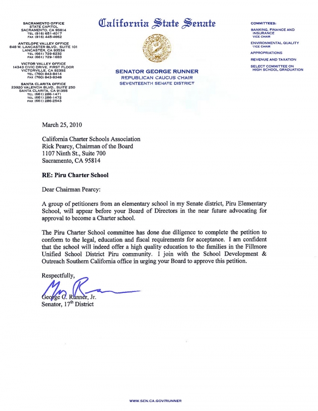 Letter from Sen. George Runner supporting Piru Charter School