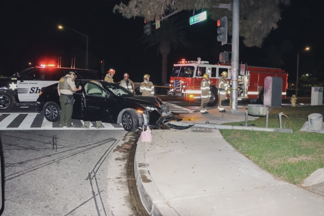 At 3:23 a.m. on Sunday, October 27, Fillmore Police Department, Fillmore Fire, and AMR Paramedics responded to a single vehicle accident at Ventura Street and B Street. Deputies arrived to find a Honda Civic crashed into a traffic pole, with a female driver outside. Deputies were seen conducting a field sobriety test on the driver while investigating. The driver was arrested and transported to the main jail for driving under the influence of alcohol and driving with a blood alcohol level of 0.08% or above (VC23251(a) and VC23152(b). Photo credit Angel Esquivel.