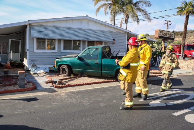 On Saturday, February 1, 2025, at 2:10 p.m., Fillmore Police Department, Fillmore City Fire Department, and AMR Paramedics responded to a truck crashed into a mobile home in El Dorado Mobile Homes Estates. Arriving deputies reported minor injuries to the driver. The occupants of the home had to evacuate due to extensive damage to the property which was red tagged. Photo credit Angel Esquivel.