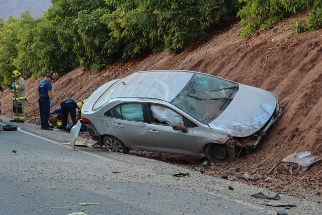 On Wednesday, July 2nd, at 7:01 p.m., the Ventura County Fire Department, AMR Paramedics, and the California Highway Patrol responded to a car rollover in the 2500 block of Goodenough Road. Arriving firefighters discovered a single vehicle in a ditch, with one patient outside of the vehicle. Paramedics treated the patient on the scene before transporting the female driver to a local hospital, condition unknown. Photo credit Angel Esquivel.