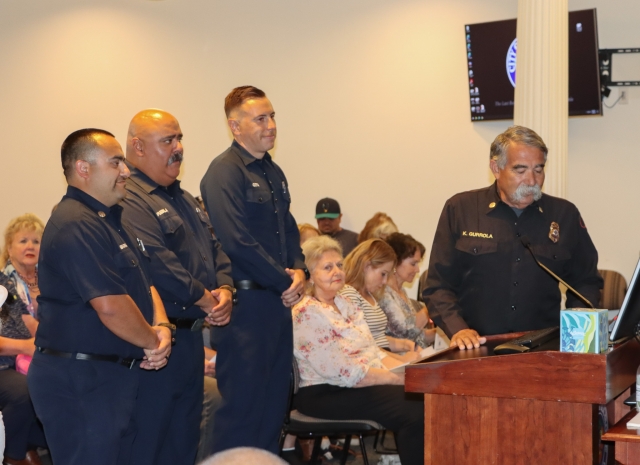 On Tuesday, July 9th, at Fillmore City Council, the Oath & Office of Allegiance and Badge Presentations were administered to Sal Ibarra, Ryan Cota and Abner Puebla by City Clerk Olivia Carrere Lopez. Pictured are Ibarra, Cota and Puebla with Fillmore Fire Chief Keith Gurrola. Photo credit Angel Esquivel-Firephoto_91.