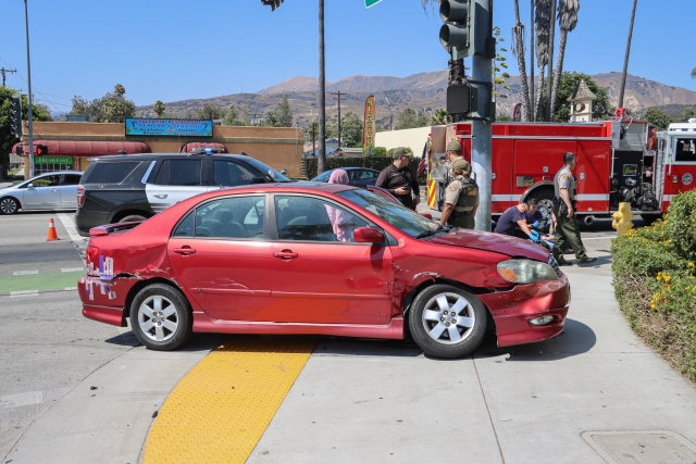 On Saturday, July 19th, at 3:15 p.m., the Fillmore Police Department, Fillmore City Fire Department, and AMR Paramedics responded to a reported traffic collision at the intersection of Ventura Street and Olive on Street. Arriving firefighters found two vehicles with moderate damage. No ambulance transports were made. Cause of the crash is under investigation. Photo credit Angel Esquivel.