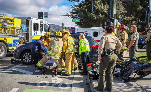 On Sunday, November 24th, at 10:41 a.m., the Fillmore Police Department, Ventura County Fire, Fillmore Fire, and AMR Paramedics responded to a traffic collision at Ventura Street and B Street. Arriving firefighters reported a two-vehicle accident, with one patient trapped and requiring extrication. Firefighters promptly utilized the Jaws of Life to extract the driver from the vehicle, who was transported by ambulance to Ventura County Medical Center, condition unknown. The occupants of the second vehicle declined medical treatment. Cause of the crash is under investigation. Photo credit Angel Esquivel.