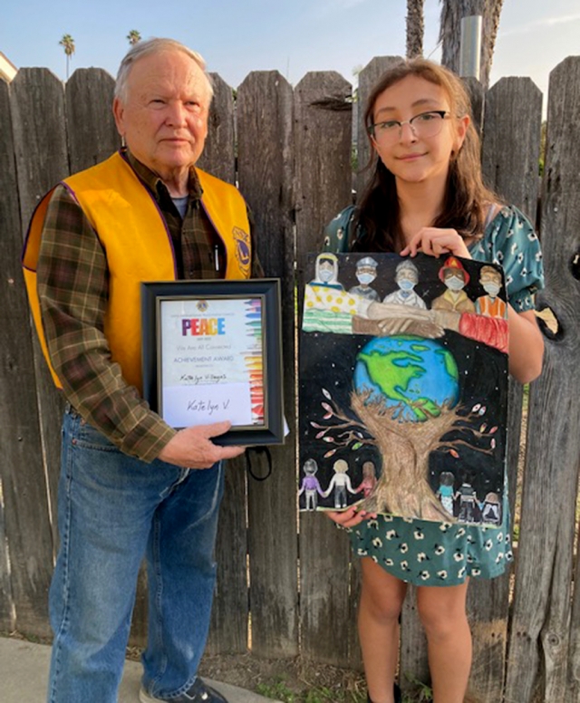 Every year, the Lion’s Club International holds a poster contest to promote world peace.  The Fillmore Lion’s Club selects one poster submitted by a local student to be entered into the regional contest.  Katelyn Villegas, a student at Fillmore Middle School, was chosen to represent Fillmore with her winning poster.  When asked to define the significance of her poster, Katelyn said, “Together we will create a brighter future for the world.”  She got a certificate and $50.  The other finalists were Faith Marcelino and Maria Vargas who each received certificates and $25.  Thank you to Ms. Doris Nichols, art teacher at FMS, who every year encourages middle school students to create beautiful and meaningful works of art.  Also, congratulations to all the students who entered peace posters.  There were many excellent posters.  As always, Fillmore is proud of our students and teachers.
