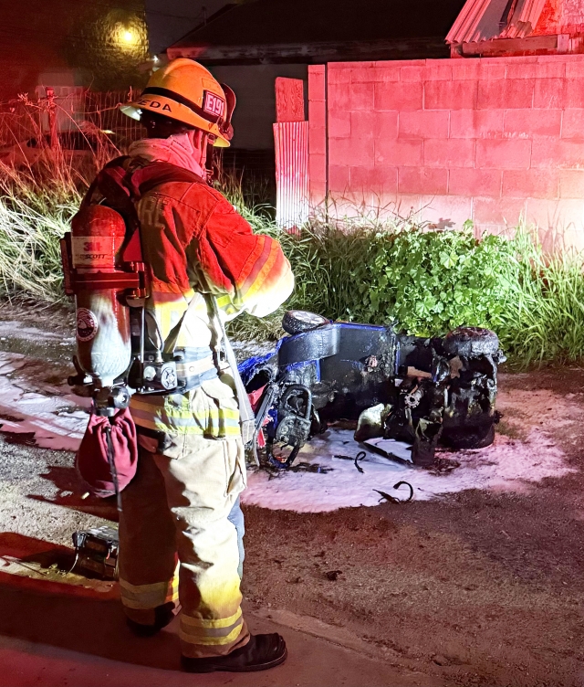 On Sunday, April 13th, at approximately 11:30 p.m., Fillmore City Firefighters responded to a fire involving a mobility scooter in the 200 block of A Street. The fire was extinguished by firefighters and no injuries were reported. Photo credit PHOTO91.