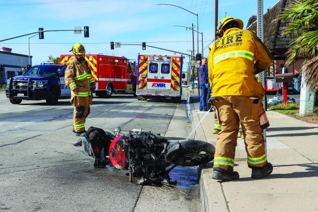 On Sunday, February 9th, at 10:40 a.m., Fillmore Fire Department, Fillmore Police, and AMR Paramedics were dispatched to a vehicle fire near the intersection of Ventura and C Street. Upon arrival deputies discovered a motorcycle emitting smoke/fire; the rider managed to get off the motorcycle unharmed. It is unclear why the motorcycle caught fire. Photo credit Angel Esquivel.