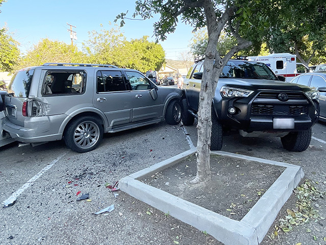 On Tuesday, November 25, at 3:20 p.m., Fillmore Police, Fillmore City Fire, and AMR Paramedics responded to a traffic collision in a parking lot near Fillmore Street and Sespe Avenue, east of Central Avenue. Arriving deputies found a vehicle that had collided with two parked cars. AMR Paramedics checked out the involved driver, and no ambulance transport was made. Photo credit Angel Esquivel.