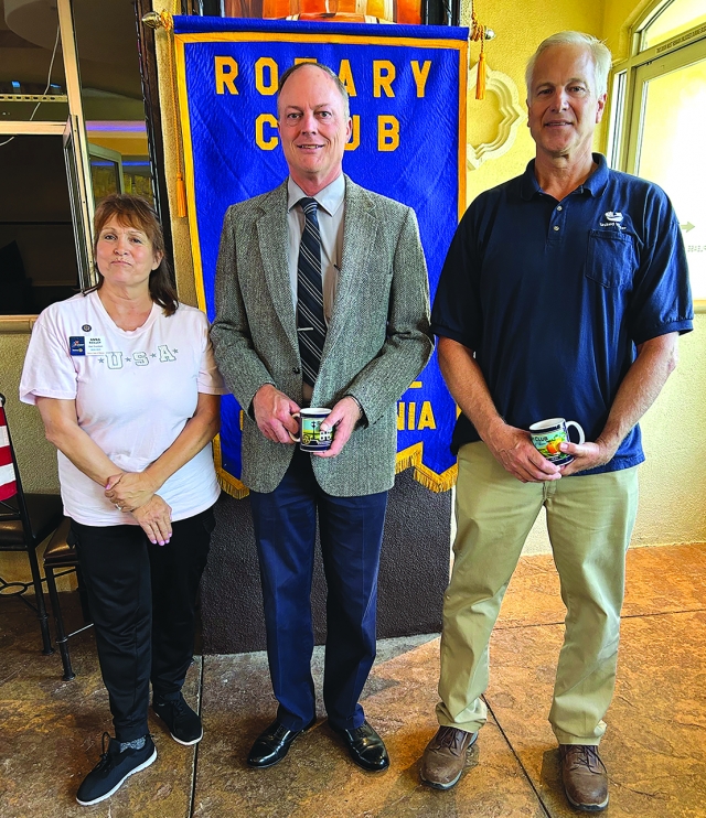Last week, Fillmore Rotary enjoyed a program by Murray McEachron and John Lindquist from the United Water Conservation District. They discussed water issues in the Fillmore, Piru and Sespe watershed. Because of the great water years recently, almost all the water basins are full. It is more water than weâve seen in 10 years. This captured water can be released when needed. Pictured is President Anna Reilley with speakers John Lindquist and Murray McEachron from the United Water Conservation District. Photo credit Martha Richardson.