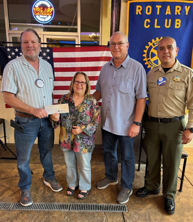 On behalf of the Fillmore Rotary Club, President Scott Beylik presented a check for $1,400 to Jan Marholin of the Boys & Girls Club of Santa Clara Valley for the Boys & Girls Club STEM Day for Kids Summer event. Also present were Board Members Gary Cushing and Rotarian Lalo Malagon. Pictured (l-r) are Rotary President Scott Beylik, Jan Marholin, along with Board Members Gary Cushing and Lalo Malagon. Photo credit Martha Richardson.