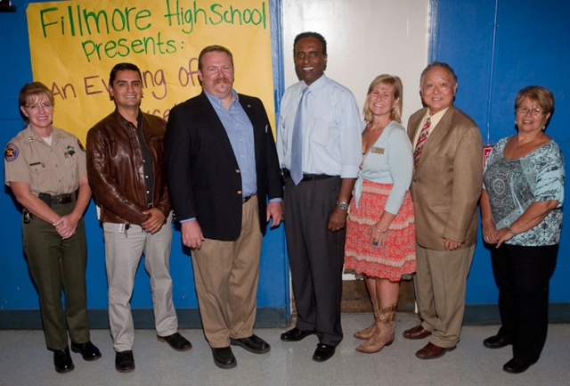 Local citizens who attended the Renaissance Awards Night were (l-r) Chief of Police Monica McGrath, Mayor Pro Tem Manuel Minjares, Mayor Rick Neal, Principal Russon Mesfun, Councilmember Diane McCall, Superintendent Dr. Alan Nishino, and School Board Member Lucy Rangel. Photo by KSSP Photographic Studio.