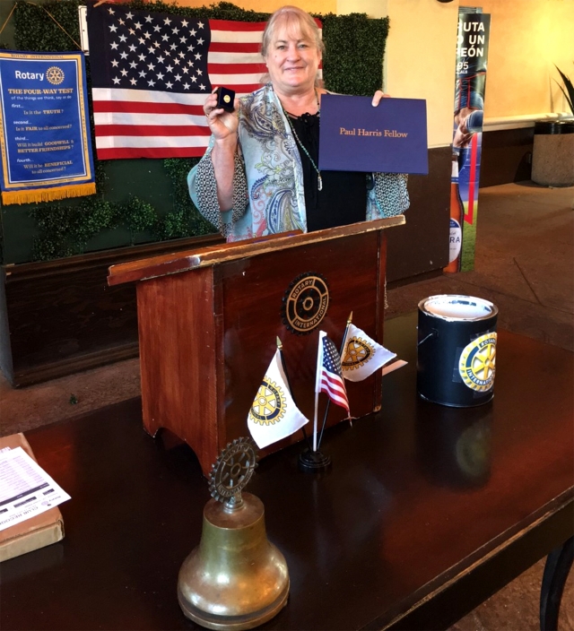 The Rotary Club of Fillmore honored Rotarian Renee Swenson with a Paul Harris Award for all she has done to support Rotary. Paul Harris, from Chicago, was the founder of Rotary in 1905. The Paul Harris Fellow program was established in 1957 to show appreciation for his contributions that supported Rotary, and it has been a continuous award through the years. Courtesy Rotarian Martha Richardson.