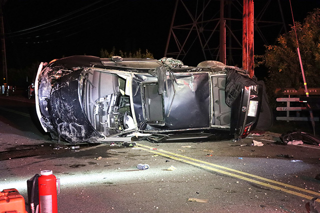 On Monday, December 8, at 8:43 p.m., Ventura County Fire, Fillmore City Fire, AMR Paramedics, and California Highway Patrol were dispatched to a reported traffic collision in the 1700 block of Grand Avenue, involving a Honda sedan and a parked farm truck. Arriving firefighters found the sedan driver with minor injuries; they were transported to a local hospital. CHP-Ventura is investigating the cause of the crash. Photo credit Angel Esquivel.