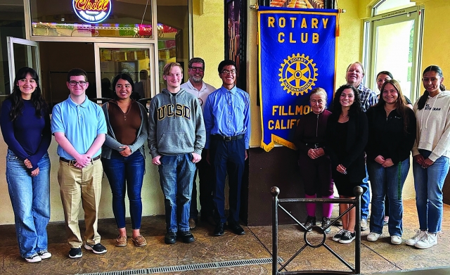 Last week, Rotary Club of Fillmore had the honor of presenting Scholarships to eight Fillmore High students. They were all outstanding students with amazing goals and ambitions. The students and presenters were Graciela Herrera, Brady Labor, Laura Orozco, Joseph Bronston, Presenter Rotarian Sean Morris, Diego Ramirez, Presenter Rotarian Barb Filkins, Athena Sanchez, Presenters Rotarians Scott Beylik and Christine Schieferle, Della Alamillo and Nataly Virgil. Courtesy Rotarian Martha Richardson.
