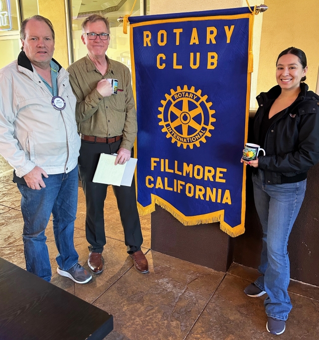 The Fillmore Rotary speakers at last week’s meeting were Peter Copley and Danielle Segovia from Momentum Work, Inc. The company’s goal is empowering people with disabilities. This may be bringing people into the workplace with a job they are capable of doing thus raising their self-esteem and giving them a purpose. Pictured (l-r) are past Rotary Club President Scott Beylik, speakers Peter Copley and Danielle Segovia. Photo Martha Richardson.