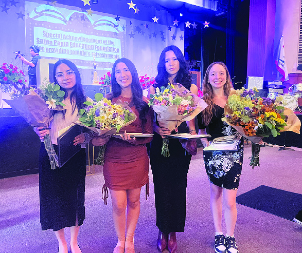 On Wednesday, May 28th, at the Fillmore High School Award Assembly, FUSD Board Member Sandra Perello (far right) presented FHS scholarship winners (l-r) Luz Canstañeda and Diana Santa Rosa with the Dr. Alan J. Peterson Scholarship. Photo credit SCVWF Board of Directors.