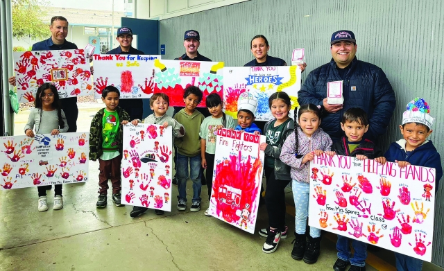 On Tuesday, November 26, 2024, San Cayetano Elementary Principal Krystal Sarabia-Rocha said, “Our TK and Kindergarten students had the opportunity to thank our local firefighters for their bravery and dedication in keeping our community safe during the Mountain fire. We are so grateful for their hard work and selflessness!” Courtesy https://www.facebook.com/photo/?fbid=1371749264104099&set=pcb.1371750197437339.