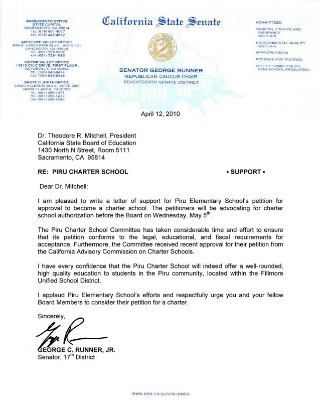 A copy of the letter Senator Runner submitted to Dr. Theodore R. Mitchell, President, California State Board of Education.
