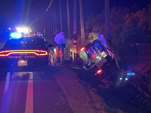On Wednesday, February 19th, at 7:16 p.m., Ventura County Fire Department, AMR Paramedics, and California Highway Patrol responded to a vehicle in a ditch on SR23 at West Guiberson Road. Arriving firefighters reported a single company van in the ditch with moderate damage. The driver was transported to a local hospital in an ambulance, condition unknown. Photo credit Angel Esquivel.