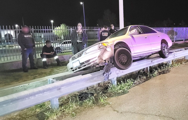 On Friday, February 28th, at 7:23 p.m., the Fillmore Police Department, Fillmore City Fire, and AMR Paramedics were dispatched to a reported solo vehicle crash on A Street and Stadium Way. Arriving deputies discovered a vehicle on top of a guardrail, with the driver out with minor injuries. No ambulance transport was made. Cause of the crash is under investigation. Photo credit Angel Esquivel.