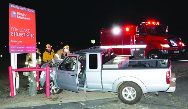 On Monday, March 24th, at 4:47 a.m., Fillmore Police Department, Fillmore City Fire, and AMR Paramedics responded to a single vehicle accident in the 100 block of East Telegraph Road, near El Dorado Drive. Arriving firefighters discovered a single truck in a fire hydrant barrier. The driver sustained minor injuries; cause of the crash is under investigation. Photo credit Angel Esquivel.
