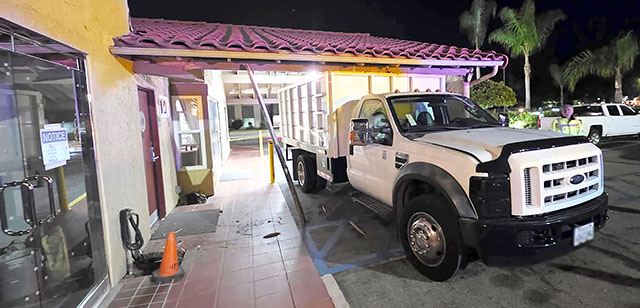 On Monday, April 27, at 8:01pm, Fillmore Fire Department responded to a crash at the Fillmore Best Western La Posada Motel, 827 Ventura Street, Fillmore. Upon arrival responders found a box truck had caused structural damage to one of the archway pillars and was stuck. Crews were able to remove the truck the following morning. The driver was arrested on suspected DUI. Photo credit Sebastian Ramirez.
