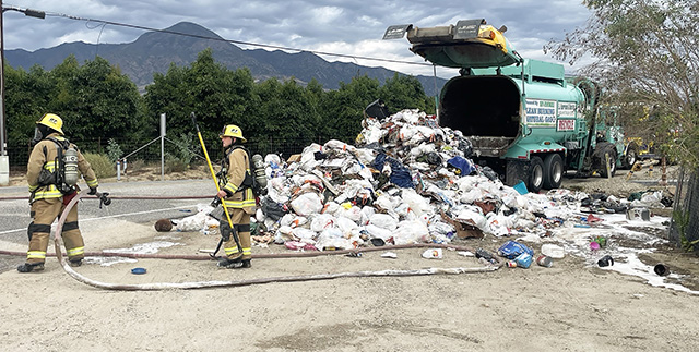 On Thursday, November 13, at 10:22 a.m., the Ventura County Sheriff’s Office, Ventura County Fire, and California Highway Patrol were dispatched to a vehicle fire on Old Telegraph Road near SR126. Arriving firefighters reported a trash truck with light smoke showing. Original call to 911 advised the driver was trapped but later confirmed incorrect. Firefighters removed the load and extinguished the fire, with no injuries. Photo credit Angel Esquivel.