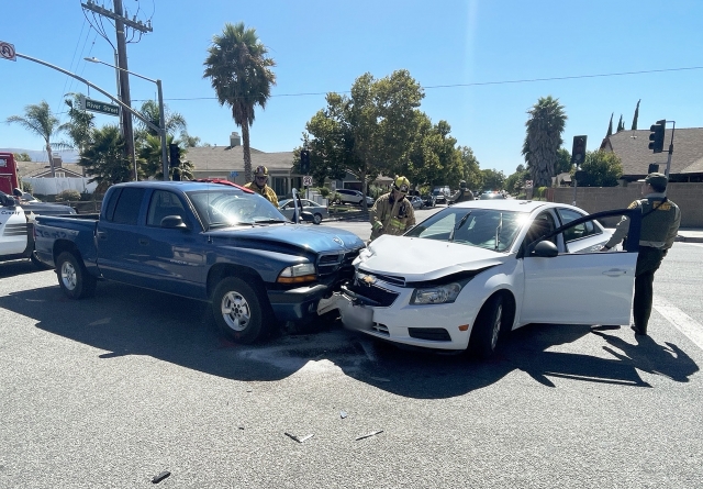 On Tuesday, July 8th, at 3:27 p.m., the Fillmore Police Department, Fillmore City Fire, and AMR Paramedics responded to a two-vehicle accident near the intersection of River Street and A Street. Arriving firefighters discovered two vehicles in the middle of the intersection with moderate damage and a total of three patients; no ambulances transports were made. Photo credit Angel Esquivel.