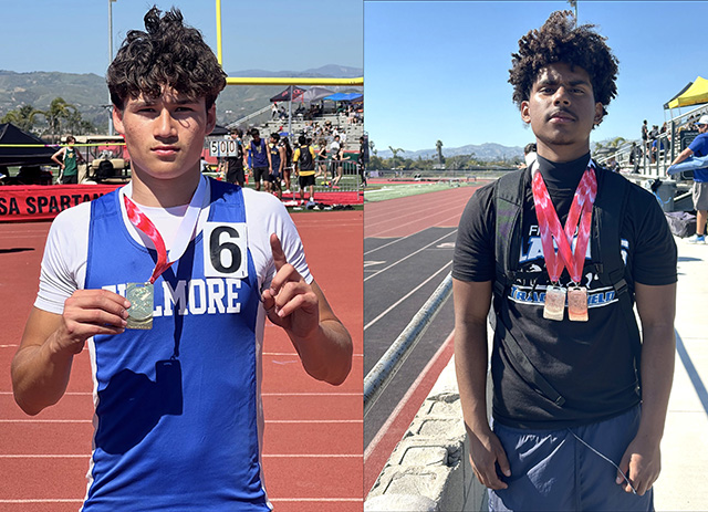 On March 14, 2026, two FHS students broke Fillmore High school records during the Spartans Relay hosted by Rio Mesa High. Pictured is Saul Fraga-Sandoval who set a new school record time of 11.03 in 100-meter relay. Former record was 11.05 records were held by Ken Stout (1959), Joe Cook (1961), and Mike Burt (1980). Pictured right is Flashes Jasiah Patterson who set a new school record of 43’00” in the Triple Jump. The previous record was 42’ 4.5” was set in 1987 by Chris Wright. Photo credit Anthony Chavez.