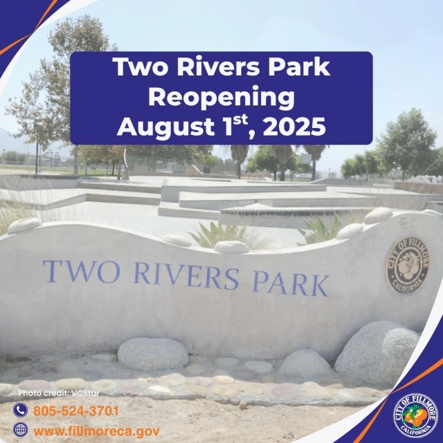 Big news, Fillmore! After months of major turf reconstruction and field upgrades, Two Rivers Park is officially set to reopen on Friday, August 1, 2025! Fillmore’s Public Works Department has been hard at work improving the park’s soccer, football, and baseball fields; from leveling and overseeding the turf, to upgrading the irrigation system, and beginning Phase One of our new sports field lighting installation. Whether you’re an athlete or just love visiting the park, get ready for a better, greener, and brighter Two Rivers Park. Posted July 23, 2025, courtesy https://www.facebook.com/cityoffillmore.