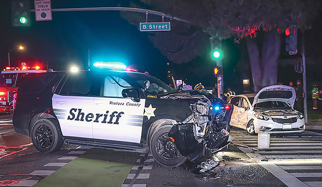 On Tuesday, December 9th, a Ventura County Sheriff’s Department deputy radioed dispatch to advise he was involved in a traffic collision at the intersection of Ventura Street and B Street. Fillmore City Fire and AMR Paramedics were also dispatched to the location. Arriving firefighters reported two vehicles, a VC Sheriffs cruiser and Kia hatchback, involved with moderate damage. All occupants were out of the vehicles, and no ambulance transports were made. Cause of the crash is under investigation. Photo credit Angel Esquivel.