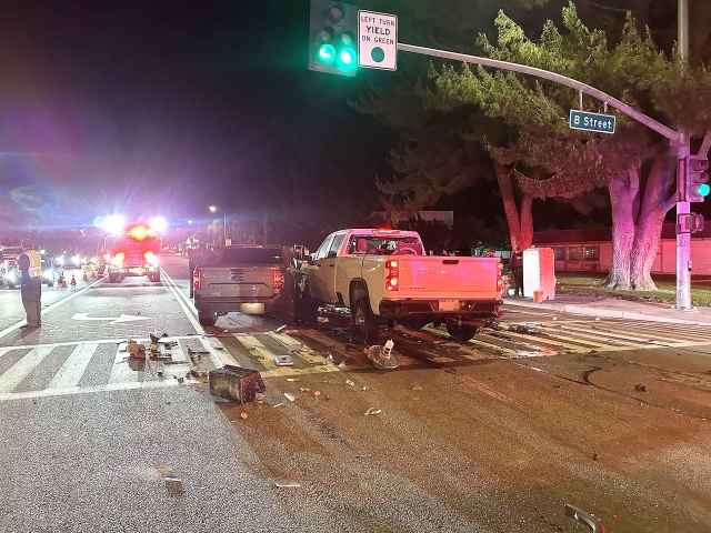 On Saturday, April 26th, at 9:00 p.m., the Fillmore Police Department, Fillmore Fire, and AMR Paramedics responded to a reported two-vehicle accident near the intersection of Ventura Street and B Street. When firefighters arrived, they found two pickup trucks with moderate damage; one patient was transported to a local hospital in unknown condition. One of the drivers was arrested for drinking and driving and booked into the Ventura County Main Jail. Photo credit PHOTO91.