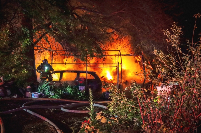 On Friday, March 7th, at 3:43 a.m., Fillmore Fire Department, Ventura County Fire, and Fillmore Fire Department responded to a vehicle fire in the 300 block of Foothill Drive. While firefighters were enroute, flames and smoke could be seen throughout town. Arriving firefighters reported a vehicle fully engulfed, as well as burning vegetation, posing a structural threat to surrounding homes. Firefighters were able to put out the fire with the help of Ventura County Fire (Station27). Photo credit Angel Esquivel. Cause of the fire is under investigation.