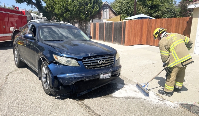 On Tuesday, August 26th, at 2:09 p.m., the Fillmore Police Department, Fillmore City Fire, and AMR Paramedics responded to a reported traffic collision at Orchard Street and Kensington Street. Arriving firefighters found a vehicle into a parked truck. AMR Paramedics treated the driver and a child on-scene, and no ambulance was dispatched. Cause of the crash is under investigation. Photo credit Angel Esquivel.