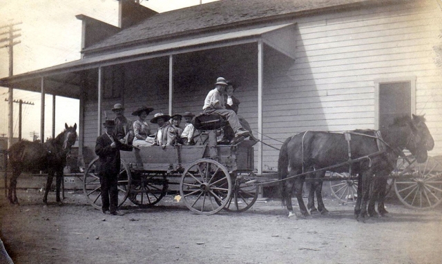 A wagon and horses at the side of Piru Co. Op. (c) 1910. Photos Courtesy Fillmore Historical Museum. 
