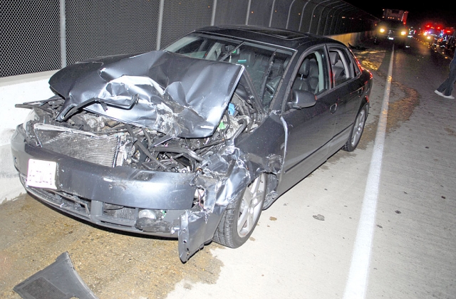 At approximately 8:00 p.m. Tuesday this Audi sedan rear-ended a Dodge Durango in the middle of the Chambersberg Road (Highway 23) bridge. The driver of the Audi was transported to hospital with undisclosed injuries.