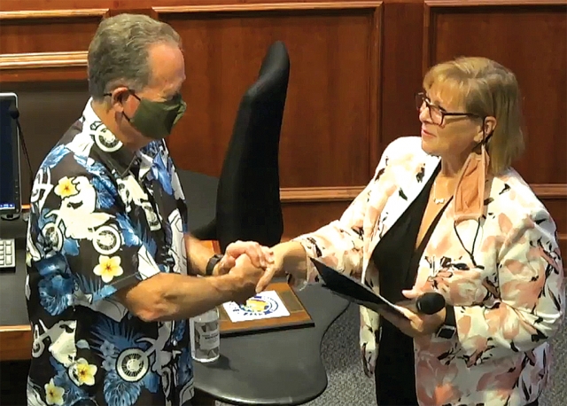 On Tuesday, February 8th, Fillmore City Council recognized Fillmore’s Bob “Skipper” Thompson with a proclamation for his 50 years of dedication and service to the community. Pictured left is Thompson with Fillmore Mayor Diane McCall presenting Thompson with a proclamation thanking him on behalf of the City of Fillmore. Photo courtesy City of Fillmore YouTube channel.