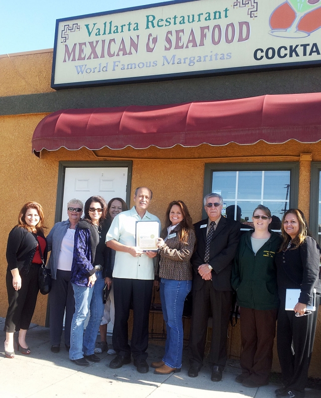 Vallarta's Restaurant is the Fillmore Chamber of Commerce Business of the Month for November. Pictured (l-r) Board Directors from the Fillmore Chamber of Commerce: Theresa Robledo, Evelyn Hasty Administrative Assistant, Rosa Martel Sales and Membership Director, Brenda Ortiz, owner Jose Melgoza, presenting certificate President Cindy Jackson, Carlos Martinez, April Hastings, and Ari Larson.