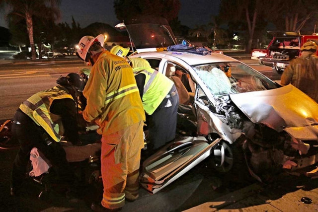 A traffic collision between the car pictured and a reported cement truck took place on Thursday, December 10th at 5:45am, near Ventura and B Streets. The driver of the car was transported to a local area hospital. Photo courtesy Sebastian Ramirez.