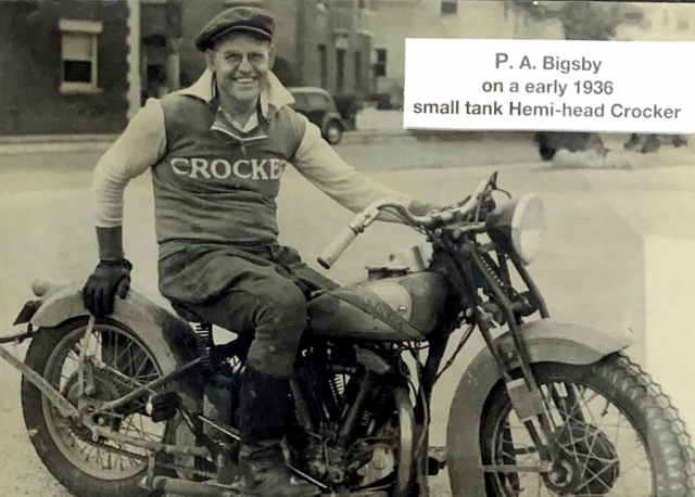 P. A. Bigsby sitting on a 1936 small tank Hemi-head Crocker. Bigsby won the 1927 Motorcycle Race. He was also an an engineer, inventor, and builder. Photos courtesy Fillmore Historical Museum. 